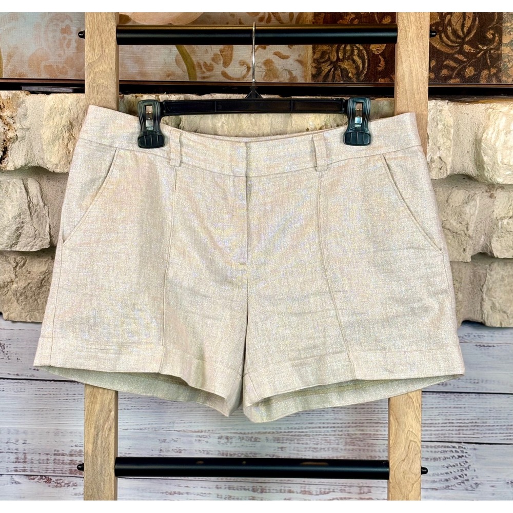 Ann Taylor LOFT Cream Gold Shimmer Linen Blend Shorts Womens Size 6 Casual Chic